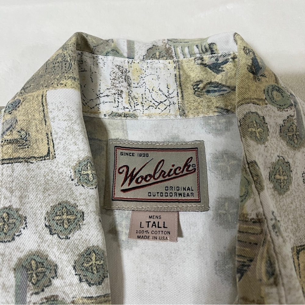 VTG Woolrich Fishing Print Camp Shirt Mens L Tall Graphic Novelty Outdoor Print - Picture 4 of 6